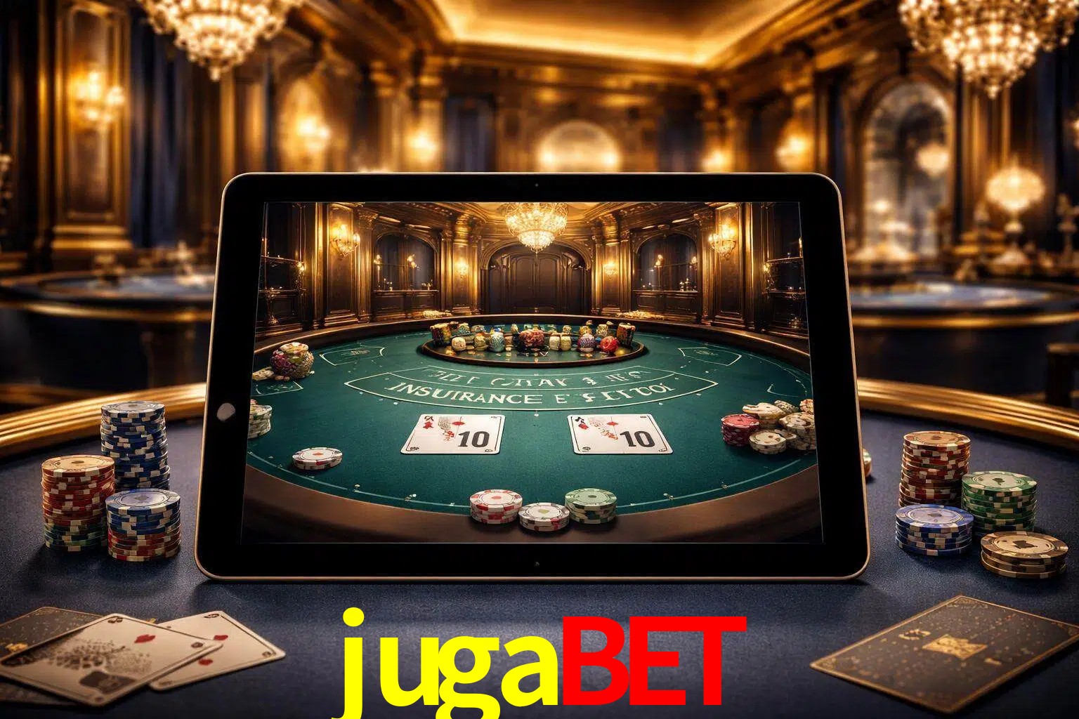 Configuración moderna de casino en vivo con una tableta mostrando una mesa de blackjack, luces cálidas de estudio y una atmósfera elegante de juegos digitales.